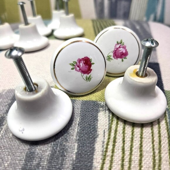 Vtg Porcelain Rose Drawer Knobs x 10 Shabby Chic Cottage Core Cabinet Knob Japan - Picture 7 of 8
